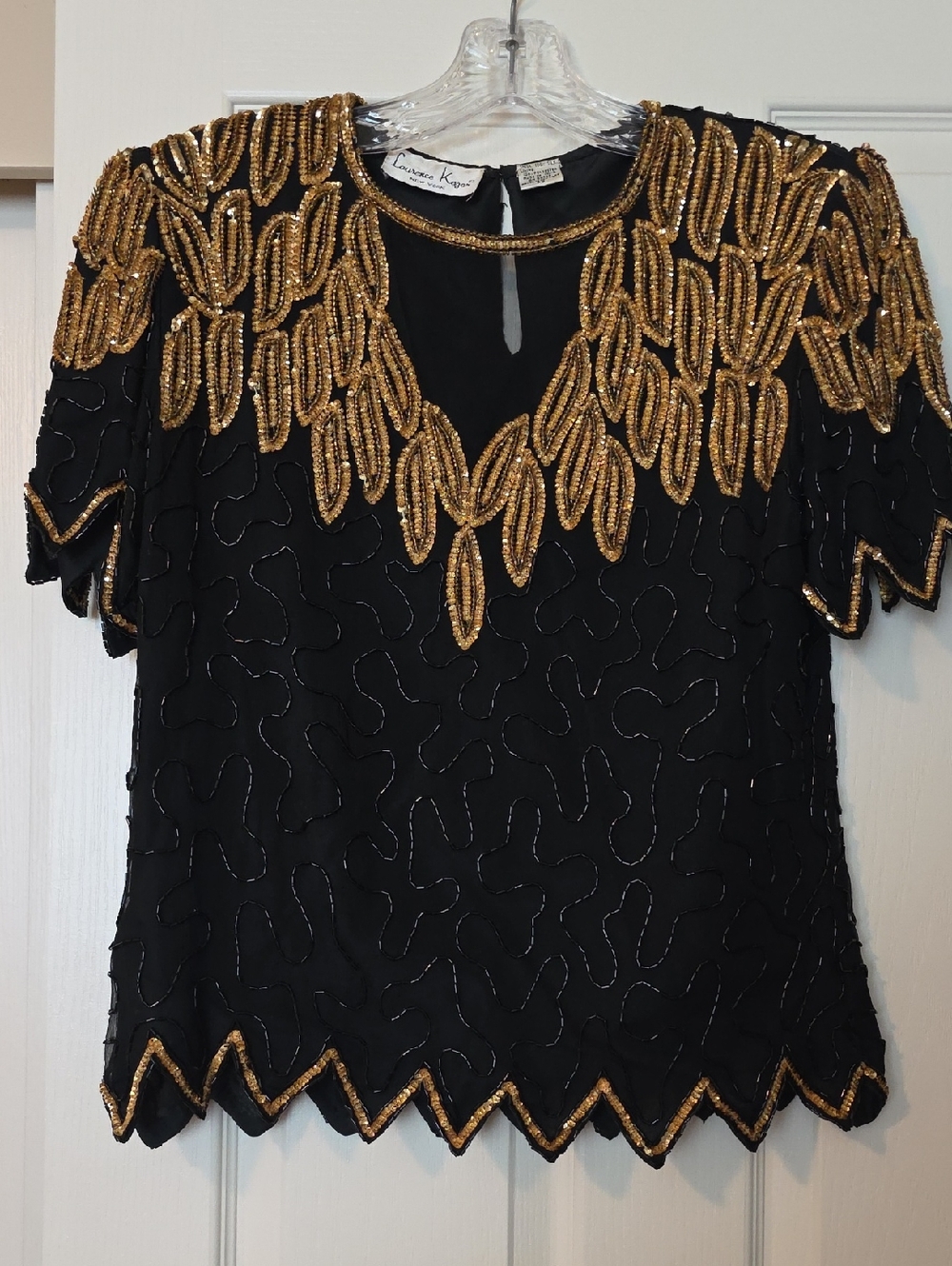 Vintage Laurence Kazar Short-sleeved Top with Black Beads & Gold Sequins Sz PS